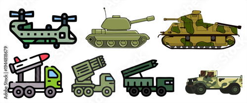 Set of military vehicle and heavy weapon icons, including tanks, helicopters, and rocket launchers, vector illustration in thick line style isolated on white.
