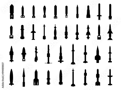 set of missile ballistic and rocket silhouette military war defence symbol
