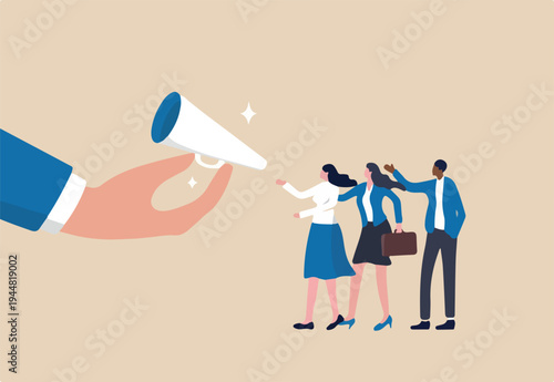  Encourage employee voice, advocacy or support opinion, contribution or help, listen to ideas or communication, staff encouragement concept, businessman hand offer megaphone for employee