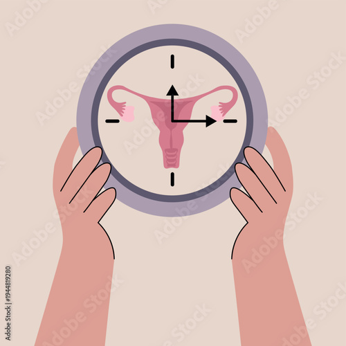 Vector illustration of gentle hands holding a clock with female reproductive system, representing women's health, fertility, and biological timing