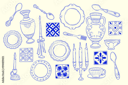 Ceramic Tableware Hand Drawn Set Doodle