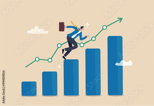 Business growth, challenge to success, career growing achievement, ambition or aspiration to achieve goal, development effort, improvement or winner step concept, businessman running up grow