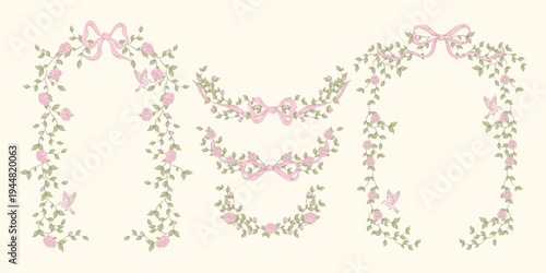 Rose Garland Frames With Ribbons and Bows