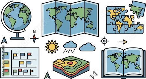 A comprehensive set of geographic and cartographic tools includes a spinning globe, folded maps, topographical cross-sections, and a reference book.