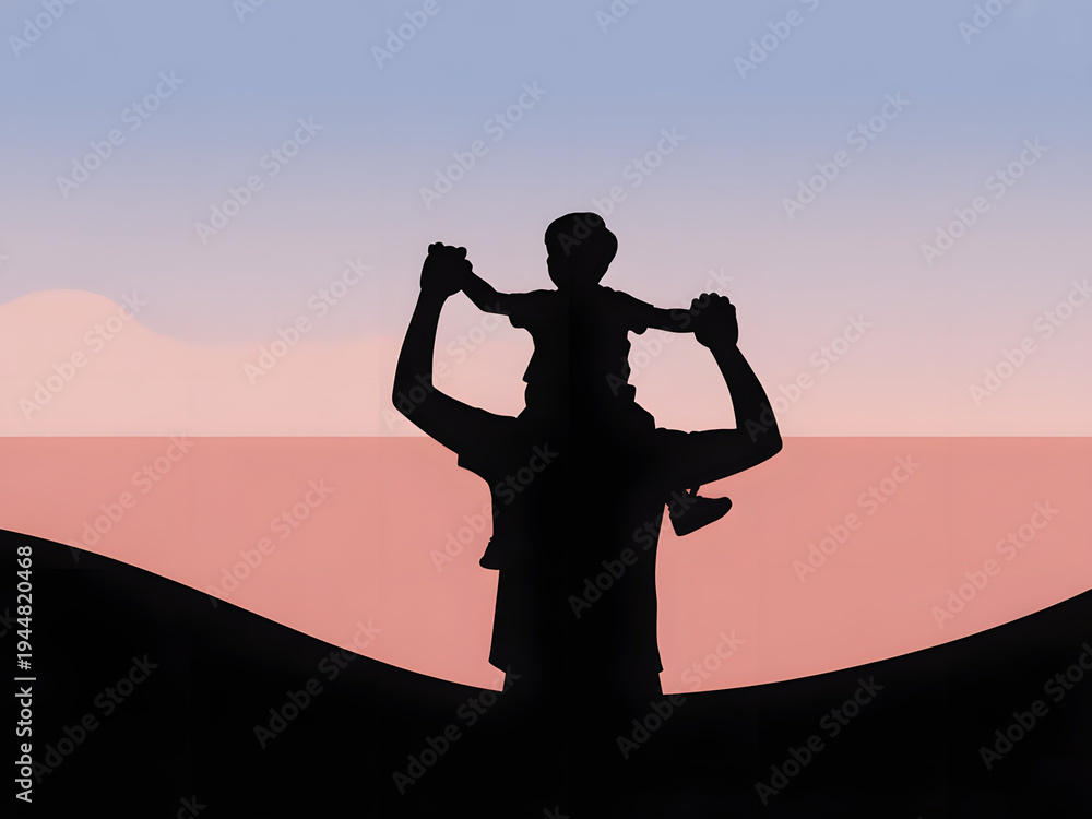 Fototapeta premium Silhouette of a person carrying a child on their shoulders against a colorful sunset sky, creating a serene and heartwarming scene.