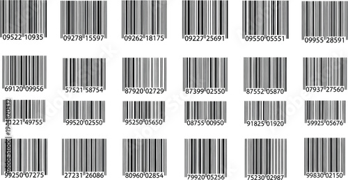 Multiple rows of traditional UPC universal product code barcodes are presented in a clean, repetitive pattern on a plain white surface.