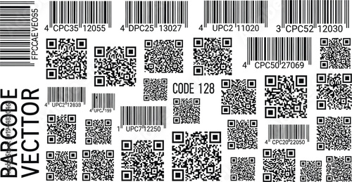A collection of various black and white barcode and QR code vector graphics are displayed against a white background.