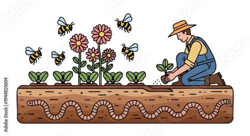 farmer planting flowers with bees and worms in garden soil