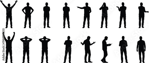 Collection of black silhouettes featuring a man in various poses including celebrating success talking on phone and showing frustration isolated on white background for design