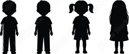Collection of black silhouettes featuring cute little boys and girls standing in front view isolated on white background for childhood education and family design