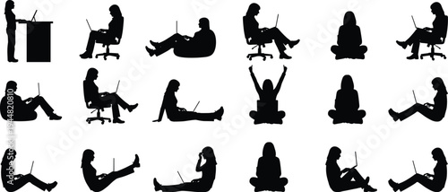 Collection of black silhouettes featuring women working on laptops in various poses including sitting on chairs floor and bean bags isolated on white background