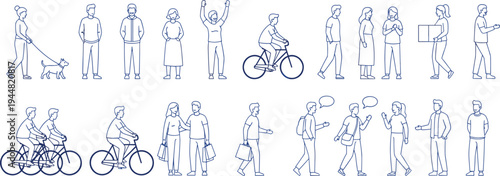 Collection of blue outline icons featuring people cycling walking dogs shopping and talking in various urban lifestyle poses isolated on white background for web design