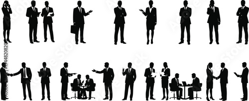 Collection of black silhouettes featuring professional business people shaking hands talking and working in various corporate office poses isolated on white background for leadership design