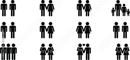 Collection of minimalist black icons featuring diverse families couples and friends holding hands and showing love isolated on white background for social and relationship design