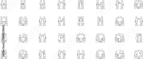 Collection of minimalist outline icons featuring people shaking hands talking and sitting in meetings for business communication and professional social interaction isolated on white