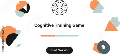 A brain graphic centers a cognitive training game interface featuring abstract shapes and a progress bar.