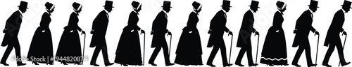 Collection of vintage black silhouettes featuring Victorian era men in top hats and women in traditional gowns walking isolated on white background for history projects