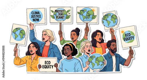 Diverse group of people protesting for climate justice and eco equality