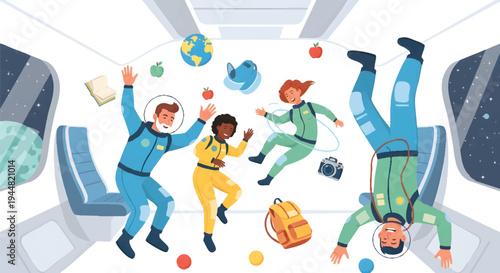Astronauts floating in zero gravity with space toys