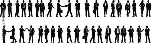 Large collection of black silhouettes featuring professional business people shaking hands talking and standing in various corporate poses isolated on white background for leadership