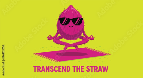 A whimsical digital illustration of a cool coconut character wearing sunglasses, levitating in a lotus meditation pose above a towel, accompanied by the motivational text "Transcend the Straw."