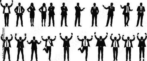 Large collection of black silhouettes featuring professional business people celebrating success jumping and standing in various corporate poses isolated on white background for leadership projects