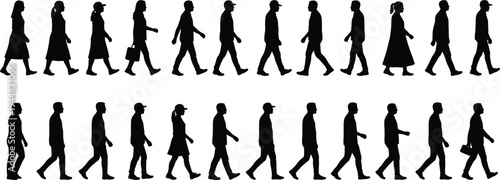 Large collection of black silhouettes featuring various men and women walking in side profile view isolated on white background for urban crowd and lifestyle design