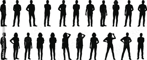 Large collection of black silhouettes featuring various men and women standing in casual poses isolated on white background for community and urban lifestyle design