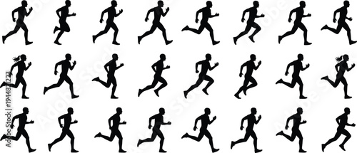 Set of running man and woman silhouette sprite sheet animation frames collection with marathon athlete jogging isolated on white background for motion graphic design