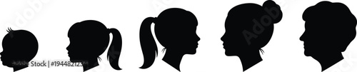 Side profile silhouette of female aging process showing life cycle from baby girl and child to teenager young adult and senior woman isolated on white background