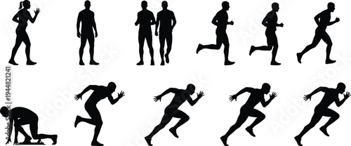 Set of athletic runner silhouettes featuring starting blocks pose sprinting sequence and jogging man and woman isolated on white background for sports motion design