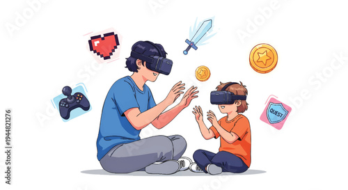 Father and son playing virtual reality games together at home
