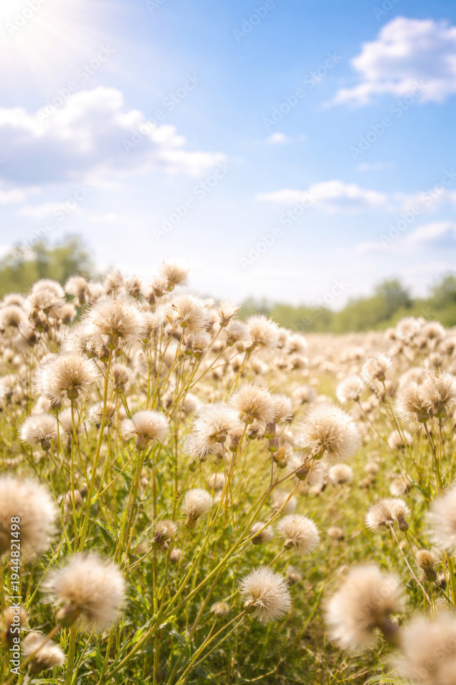 Obraz premium Field of wild dandelion seed heads glowing in warm sunlight under a blue sky with soft clouds.