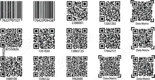 A comprehensive chart displays numerous examples of different two-dimensional and one-dimensional barcode types, including QR and Data Matrix codes.