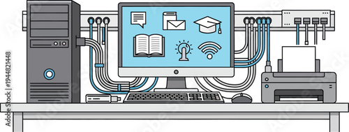 Desktop computer setup displays a monitor featuring educational icons connected to a tower, keyboard, mouse, and external printer.