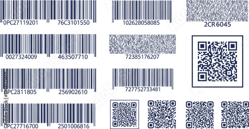 Multiple arrangements of universal product codes and various sizes of QR codes are presented together on a plain white surface for comparison.