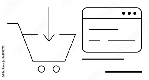 Minimalist shopping cart with downward arrow next to a web page interface. Ideal for e-commerce, online shopping, purchase process, retail technology, consumer behavior, marketing, simple flat