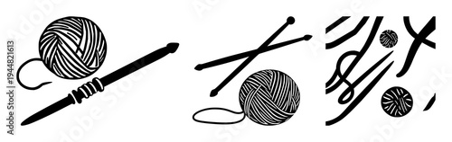 Knitting needles set with solid black silhouette of knitting needles and yarn ball featuring silhouette, black line art, yarn with needles and hobby