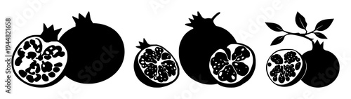 Pomegranate set with solid black silhouette of whole fruit next to half fruit featuring superfruit, botanical, monochrome with white background and illustration