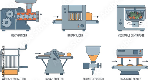 An array of small-scale food processing machines, such as a meat grinder and vegetable centrifuge, are shown in a simplified illustration format.