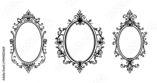 Vanity mirror set with ornate Victorian line art featuring floral scrollwork, elegant frame, black ink illustration with vintage details and antique style