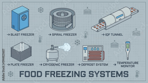 A collection of various industrial food freezing systems, including blast, spiral, and cryogenic freezers, are illustrated on a technical background.