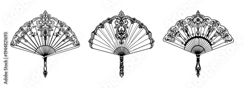 Folding fan set with ornate Victorian line art featuring royal decorative aesthetic, isolated on white with graphite and crisp lines