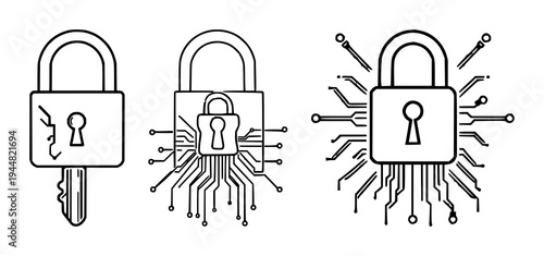 Secure key set with circuit board pattern design featuring cybersecurity, professional UI icon with white background and minimalistic theme