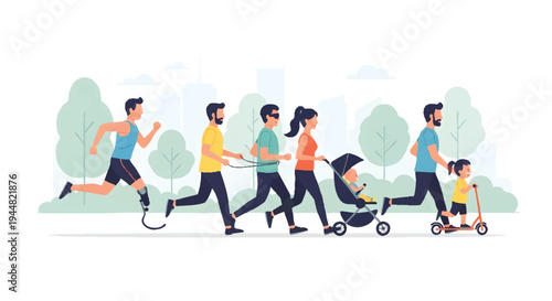 Diverse group of people jogging and pushing stroller in park