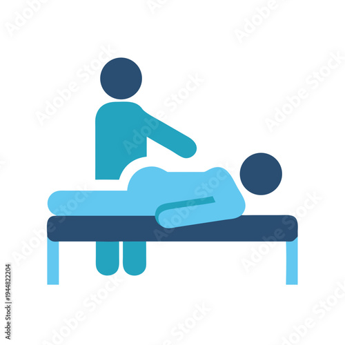 Stylized vector graphic depicts a massage therapist working on a prone client
