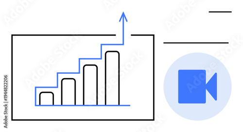 Business analysis, data presentation, video marketing, growth strategy, progress tracking, digital communication. A bar graph with rising columns and a video symbol. Business analysis and video