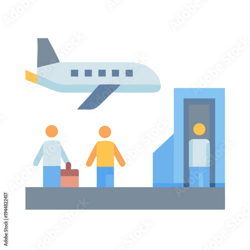 Airport security checkpoint with passengers and airplane, flat illustration style