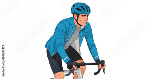 Cyclist in blue jacket and helmet riding bicycle