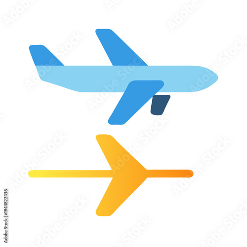 Two stylized airplanes in flat design on a black background depicting travel